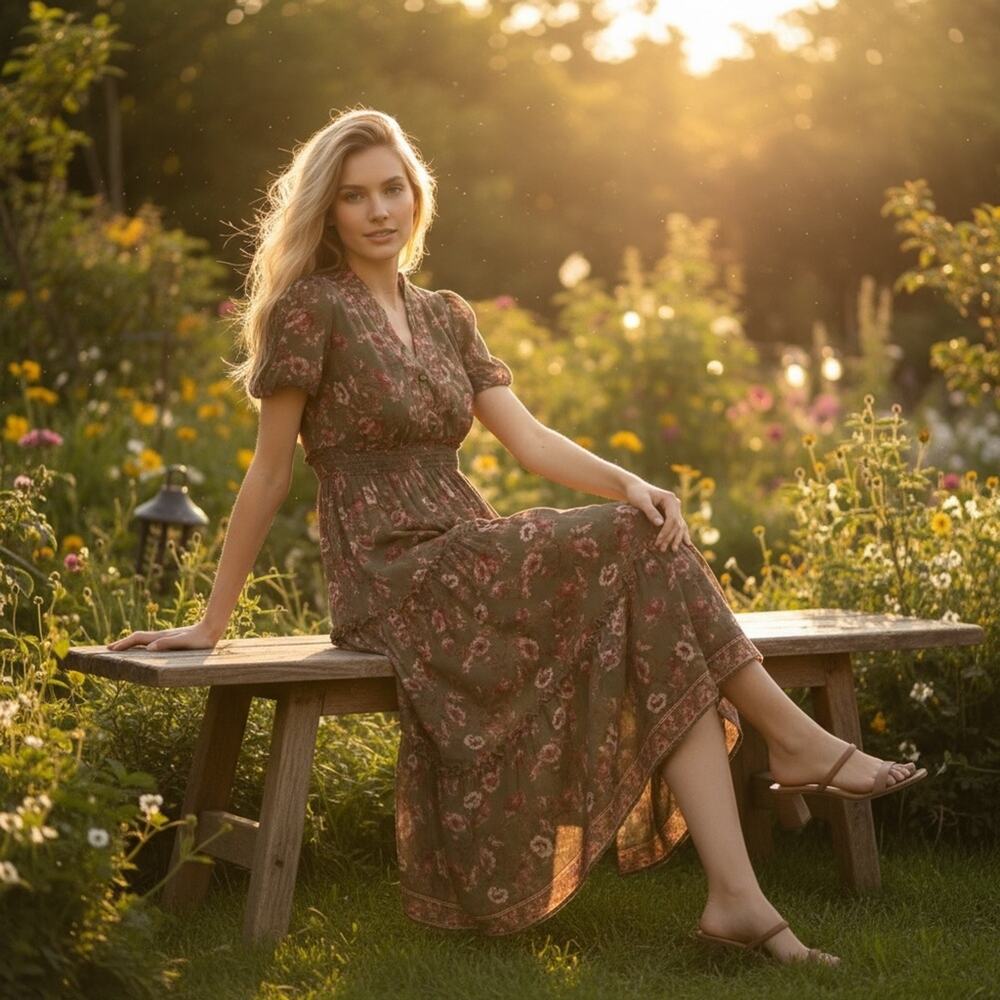 NWT Max Studio Olive Floral Midi Dress - Picture 2 of 7